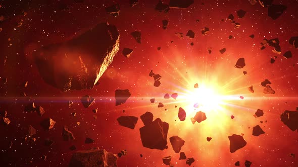 Asteroids Belt In The Rays Of Red Star