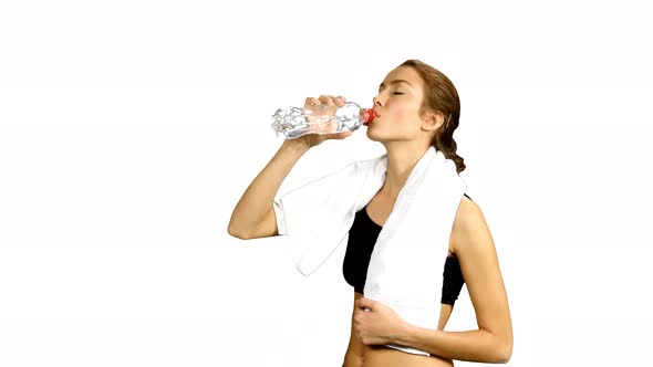 Sporty Muscular Woman Drinking Water, Close Up, White Background