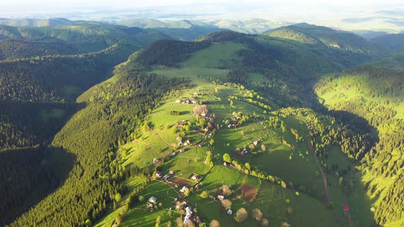 Epic aerial flight over green forest in the sunset.