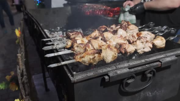 Shish Kebab on Skewers Is Cooked on Barbecue at a Street Food Festival