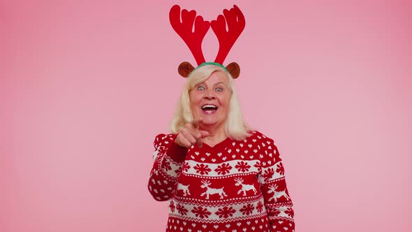 Senior Christmas Grandmother Woman Smiling Excitedly Pointing to Camera Beauty Choosing Lucky Winner