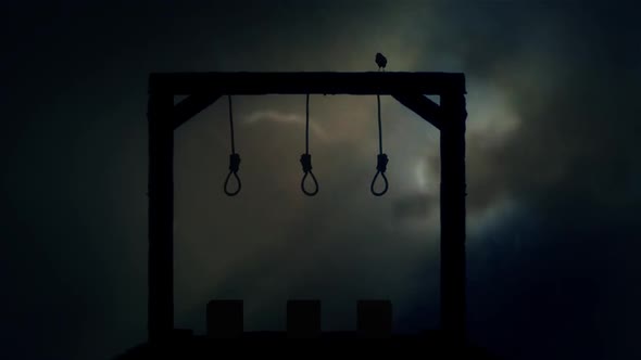 A Gallows Ready For An Execution With A Black Raven In A Storm