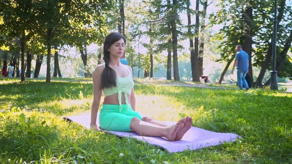 Young European Woman Sportswear Purple Mat Practicing Yoga Pose Park Green Lush Meadow City Park