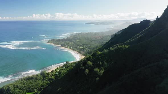 Aerial Panorama Over Haena Beach and the Houses Built on the Shore, Hawai, USA