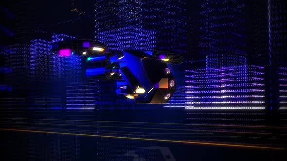 3D Data of Futuristic Drone Flying inside Blue Artificial City in Virtual World