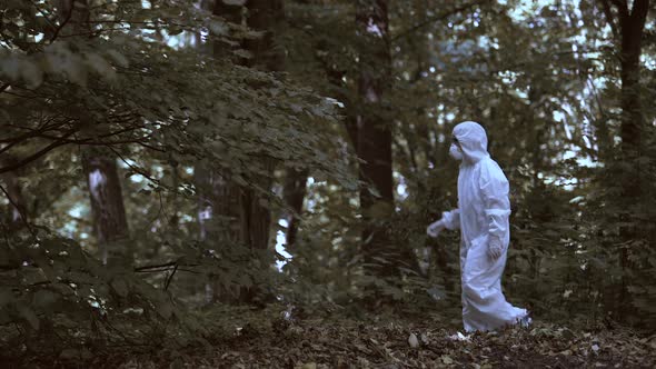 Female Ecologist Walking Abandoned Forest, Analyzing Environment Changes, Danger