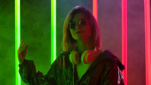 Portrait Young Stylish Woman Sunglasses Big White Headphones Dances Enjoys Music