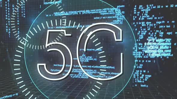 5G written in the middle of a futuristic circles and program codes