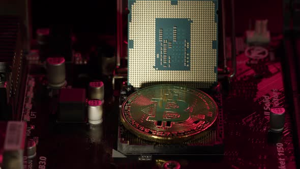 Bitcoin BTC CPU Central Processor on Digital Technology Computer Motherboard Crypto Currency Mining