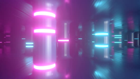 Fly Through a Futuristic Corridor Along Neon Glass Pillars
