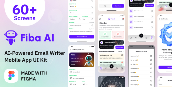 AI-Powered Email Writer Mobile App UI Kit Figma Template – Fiba AI – 0 Sold!