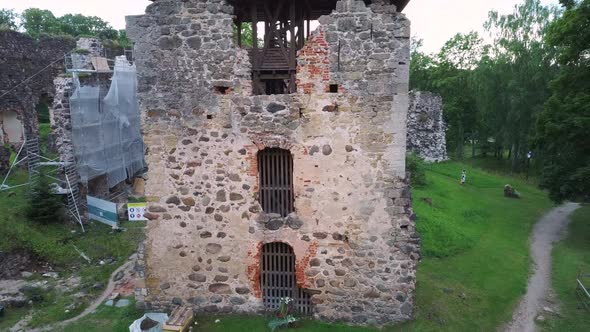 Medieval Castle Ruins in Latvia Rauna.  Aerial View Over Old Stoune Brick Wall of Raunas Castle 