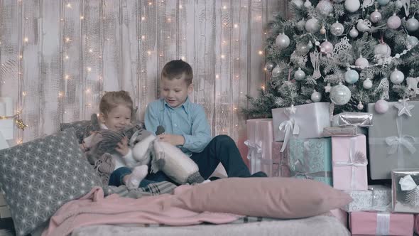 Adorable Brother and Sister Have Fun Playing with Soft Toys