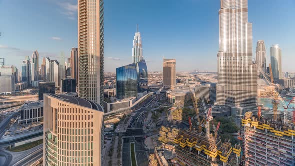 Panoramic Skyline View of Dubai Downtown with Mall Fountains and Skyscrapers Aerial Timelapse