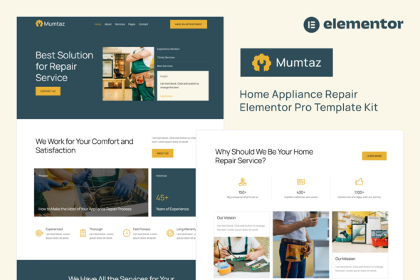 Mumtaz – Home Appliance Repair Elementor Pro Template Kit – 0 Sold!