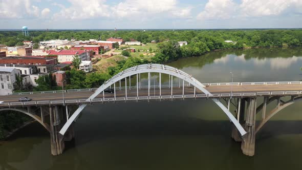 Edmund Pettus bridge in Selma, Alabama with drone video moving sideways and over.