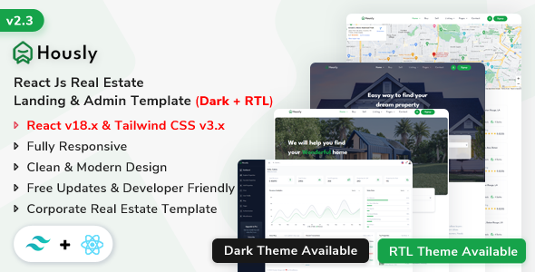 Hously - Real Estate Landing & Admin Dashboard Template (React Js + Tailwind CSS)