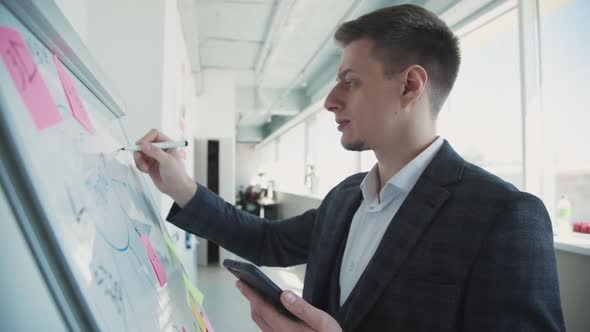 Confident American Businessman Writing on White Board Holding Smartphone in Hand in Office