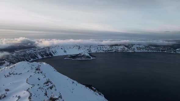 Aerial panorama of Crater lake and Wizard Island in winter in Oregon, USA