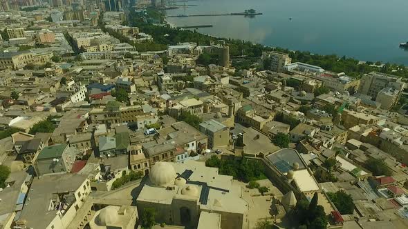 Areal drone footage of Baku old city Azerbaijan