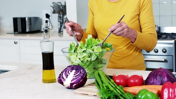 Senior woman preparing vegetable salad