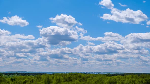 Timelapse of Cumulus Clouds Moving in the Blue Sky Over the Green Horizon Trees