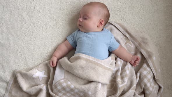 Top View Cute Kid 2 Month Newborn Boy Sweetly Sleeping After Bath Shower On White Soft Bed