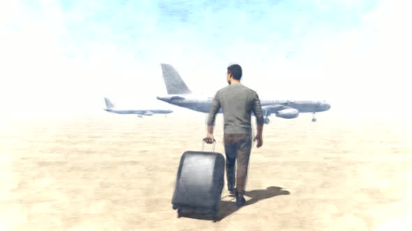 Passenger Moving Towards the Plane with Suitcase alt