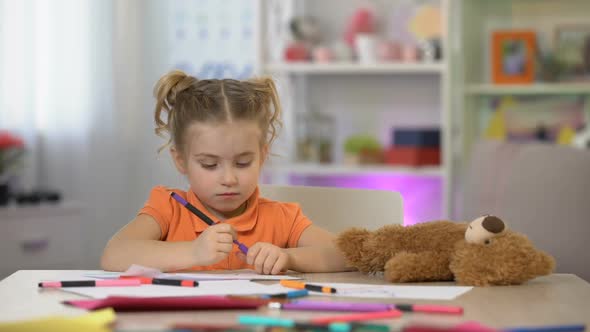 Female Preschooler Drawing and Playing With Teddy Bear Toy, Playroom Leisure