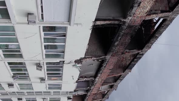 Vertical Video of a Wartorn Building in Ukraine