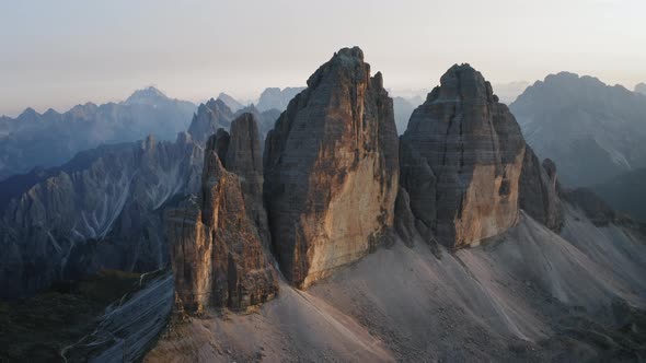 Drone Aerial Footage of Tre Cime Di Lavaredo Most Visited Mountain in Sexten Dolomites Alps in Italy