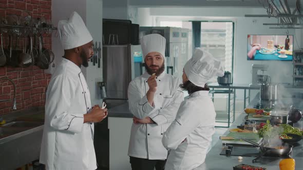 Professional Chefs Doing Teamwork to Cook Gourmet Food Dish