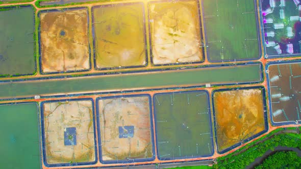 An aerial view over a drone flying over a large shrimp farm