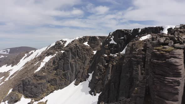 Scotland Mountain Cliff Covered in Snow Drone Close Proximity Shot