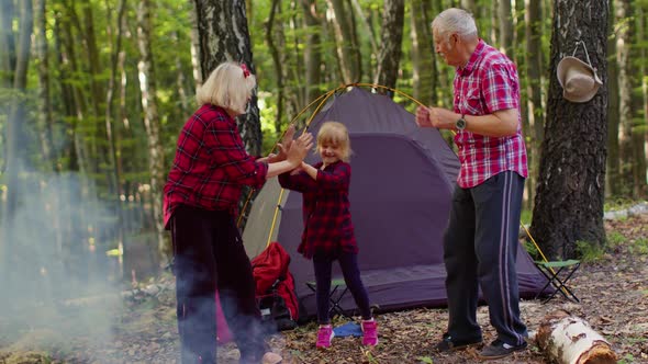 Senior Elderly Grandmother Grandfather with Granddaughter Dancing Celebrating Over Campfire in Wood