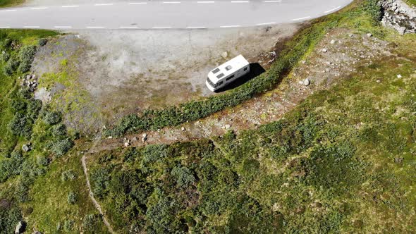 Aerial View. Caravan Camping on Roadside.