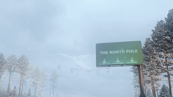 Airplane Arrives to The North Pole In Snowy Winter