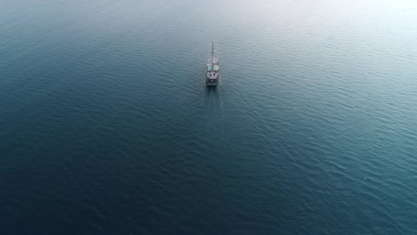 Scenic Seascape Aerial View Historical European Pirates Ship Cruising in Ocean