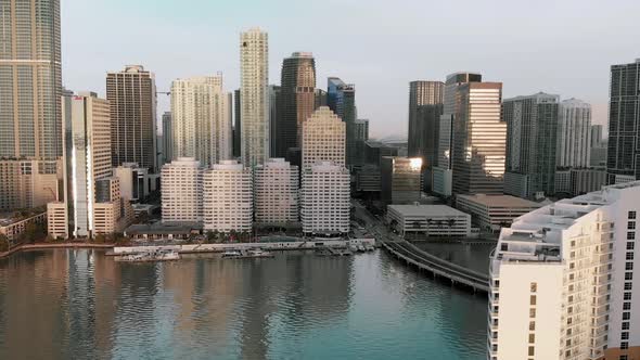 Amazing Downtown Miami Aerial Skyline From Brickell Key on a Sunny Morning Florida in Slow Motion