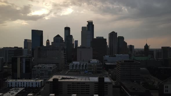 Downtown minneapolis aerial view skyline during summer time sunset