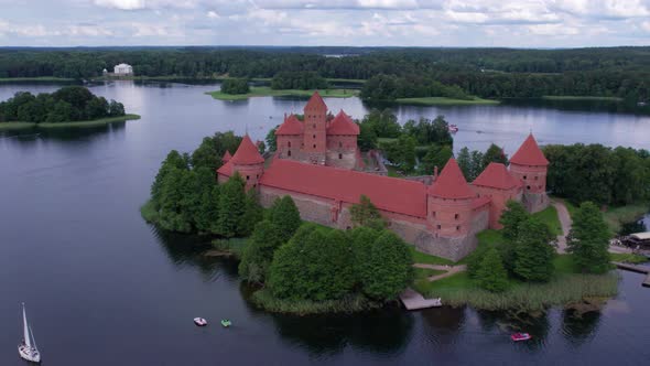 smooth aerial footage of the ancient Trakai castle on the island