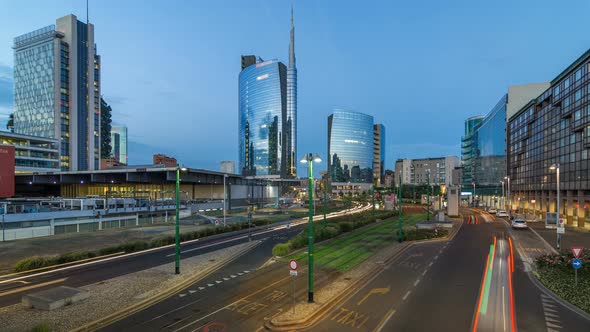 Milan Skyline with Modern Skyscrapers in Porta Nuova Business District Day To Night Timelapse in