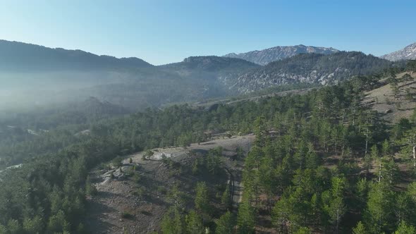 Foggy morning in the mountains aerial view 4 K Turkey