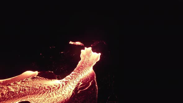 Drone Over Flowing River Of Molten Lava From Erupting Volcano