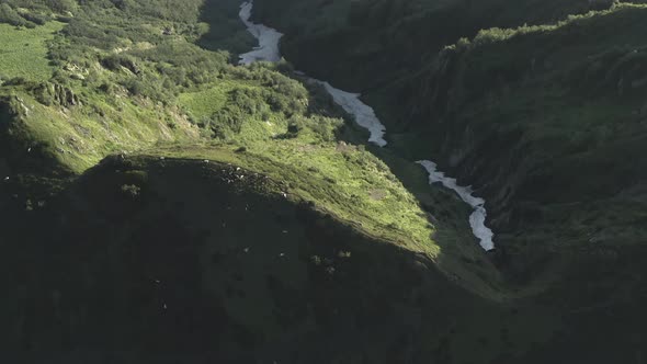 Aerial View Goats Graze on Morning Natural Mountain Ridge Surrounded By Wild Environment