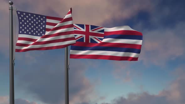Hawaii State Flag Waving Along With The National Flag Of The USA - 4K