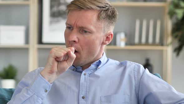Cough Portrait of Sick Businessman Coughing at Work