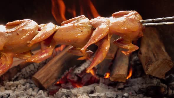 Raw Marinated Quails on the Skewer are Placed Above the Open Fire