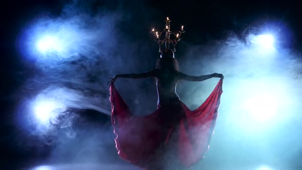 Attractive Belly Dancer Continue Dancing with Candles on Her Head, Black, Smoke, Silhouette