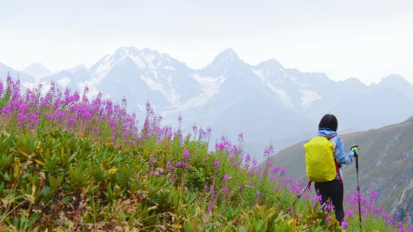 Hiker With Trekking Pols Hike In Mountains